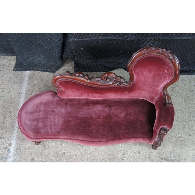 1970s 1970s Miniature Victorian Revival Red Velvet & Carved Mahogany Chaise Lounge Dog Bed For Sale - Image 5 of 13