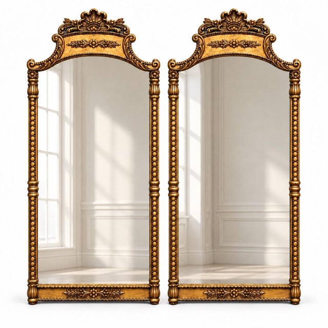 Gold Mid-Century Italian Rococo Style Carved Giltwood & Composite Shell Wall Mirrors - Pair For Sale - Image 8 of 8