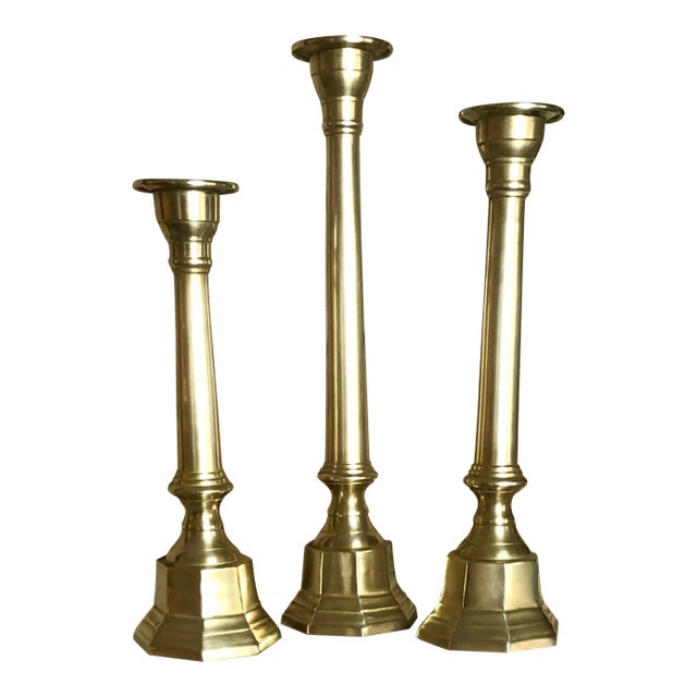 Brass Candle Holders Mid-Century Modern Different Heights - Set of 3 For Sale