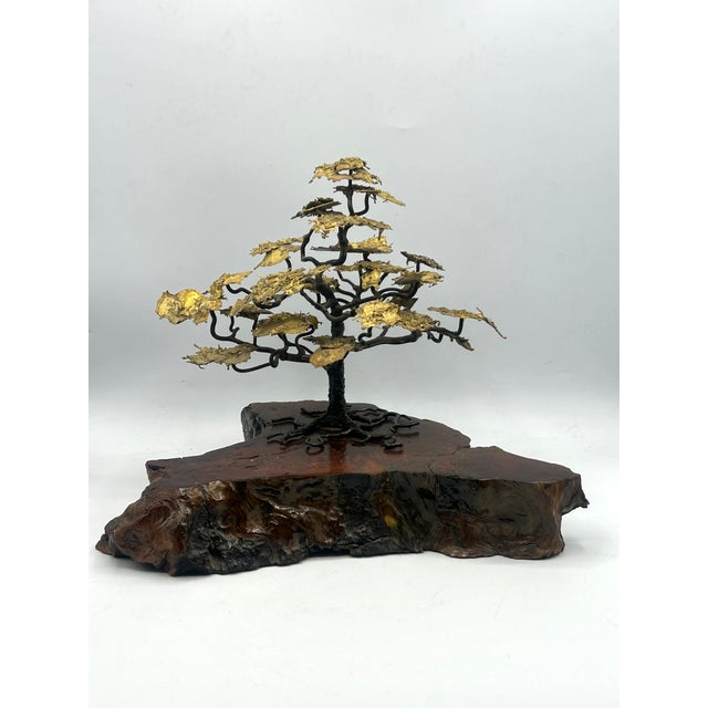 Mid-Century Brutalist Gilt Bronze Bonsai Tree Sculpture on Burl Wood Basee For Sale - Image 10 of 18