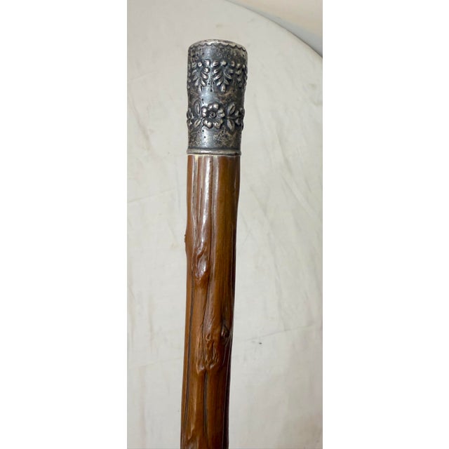 Antique 19th Century Tooled Sterling Silver Natural Wood Walking Stick Cane For Sale - Image 4 of 14