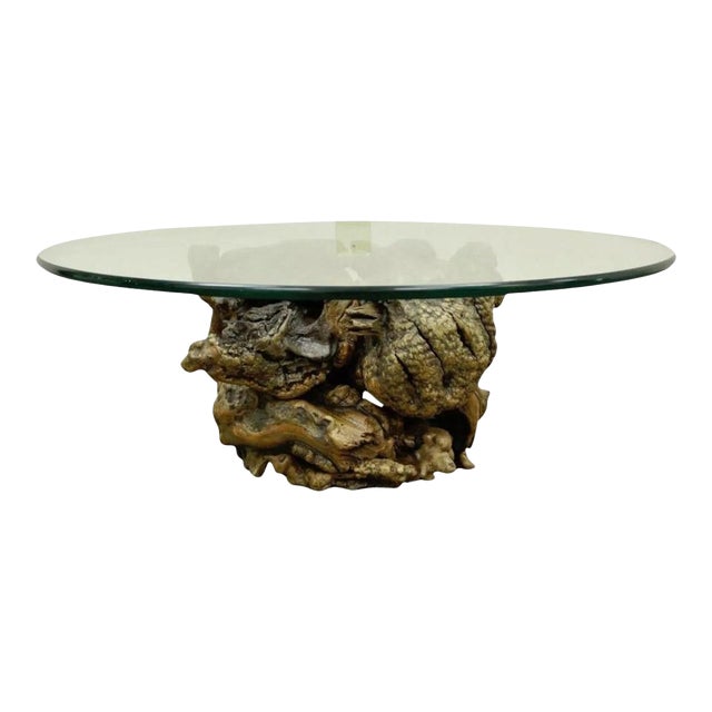 Vintage Mid Century Modern Live Edge Glass Top Burl Wood Pedestal Coffee Table For Sale