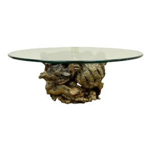 Vintage Mid Century Modern Live Edge Glass Top Burl Wood Pedestal Coffee Table