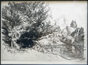 August Louis Lepere, L'eglise de Villeneuve sur Bellot, Seine-et-Marn, 1915