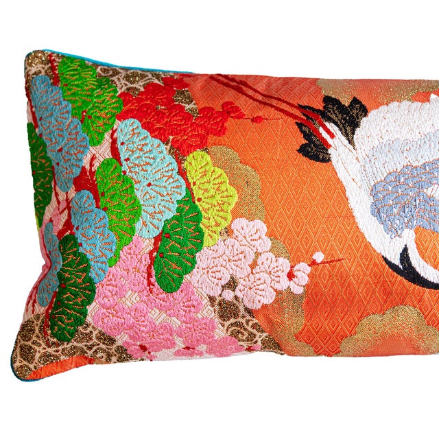 Japanese 1970s Orange Kimono Long Lumbar Pillow With Teal Velvet For Sale - Image 3 of 5