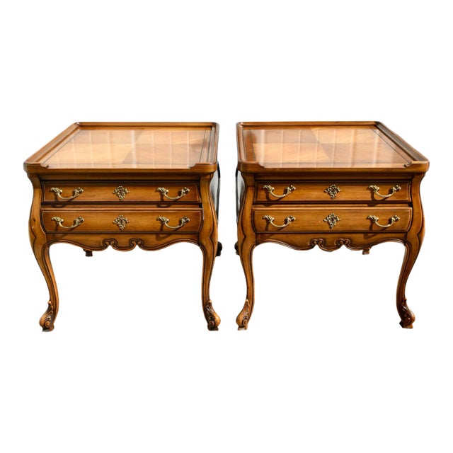Weiman Cherry End Tables Carved French Provincial Side Nightstand Pair 60s For Sale