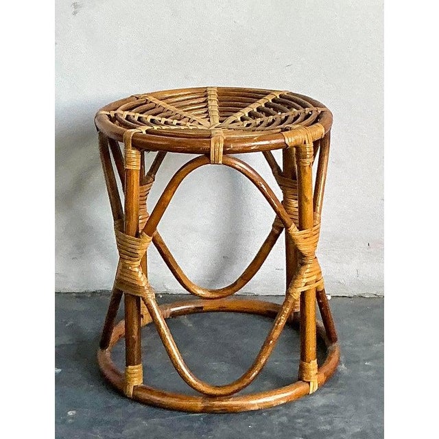 Vintage Boho Bent Rattan Low Stool For Sale - Image 4 of 10