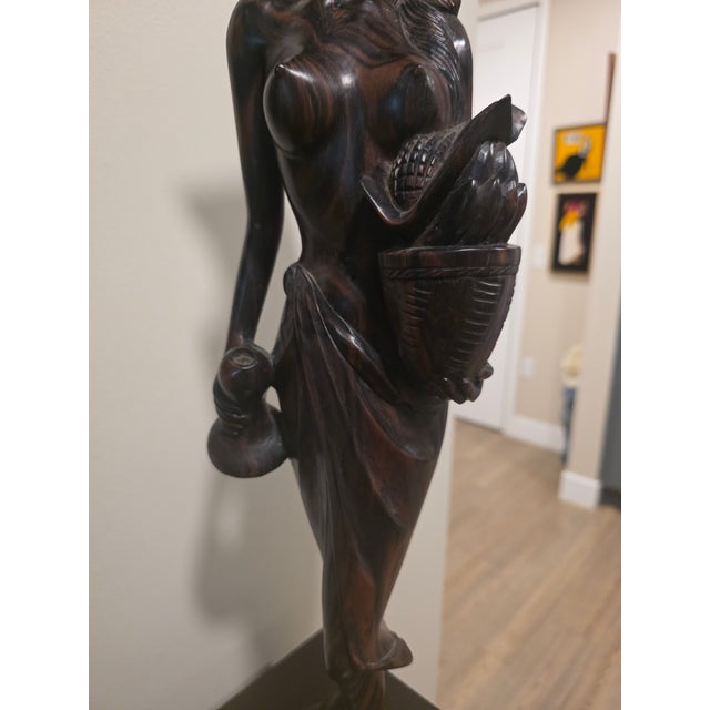 Monumental Mid-Century Two-Tone Macassar Ebony Balinese Harvest Maiden & Water Carrier Sculptures – Pair For Sale - Image 4 of 12