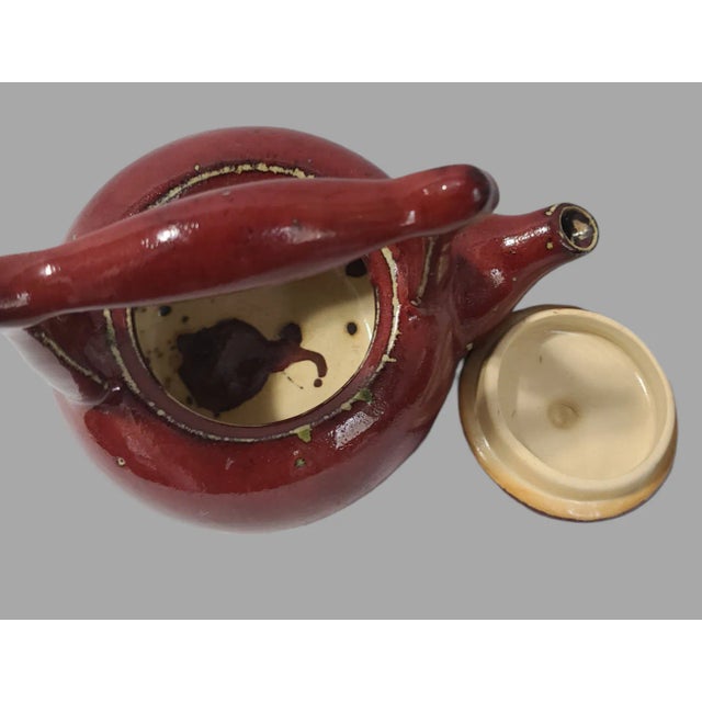 Vintage Asian Red Glazed Earthenware Tea Pot & 2 Cups For Sale - Image 10 of 12