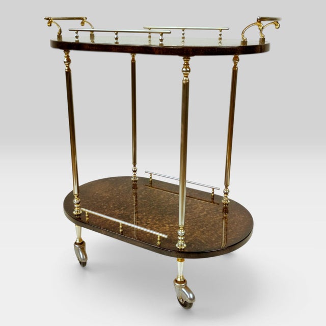 1960s Mid-Century Modern Italian Serving Trolley Bar Cart in Lacquered Goatskin Parchment, 1960s For Sale - Image 5 of 18
