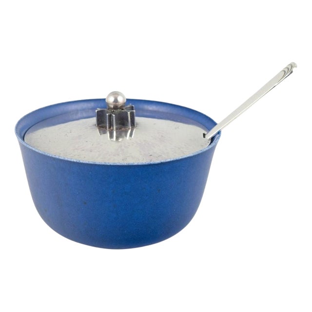 Stoneware Jar with Silver Lid and Spoon from Saxbo, 1934, Set of 2 For Sale