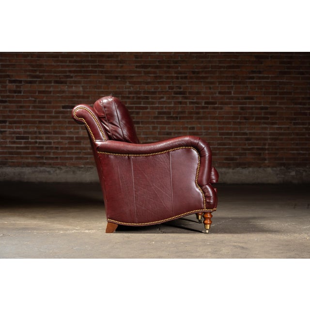 Wood Late 20th Century Pair of Plush Leather Armchairs With Ottoman in Burgundy For Sale - Image 7 of 18
