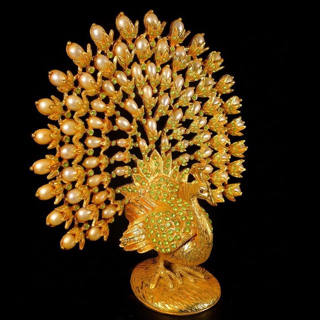 Hollywood Regency Vintage Gilt Metal Peacock Figurine With Faux Pearls & Green Stones - 345g For Sale - Image 3 of 9