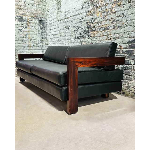 Mid-Century Modern Brazilian Rosewood Sofa Black Leather, 1960 For Sale - Image 3 of 12