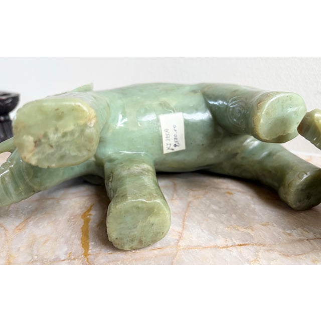 Celadon Antique Chinese Heavy Jadeite Jade Elephant Pair W/ Custom Stands 1920 For Sale - Image 8 of 11