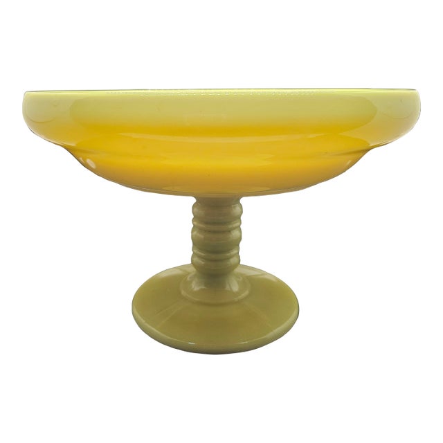 Vintage Canary Yellow Milk Glass Uranium Pedestal Compote For Sale