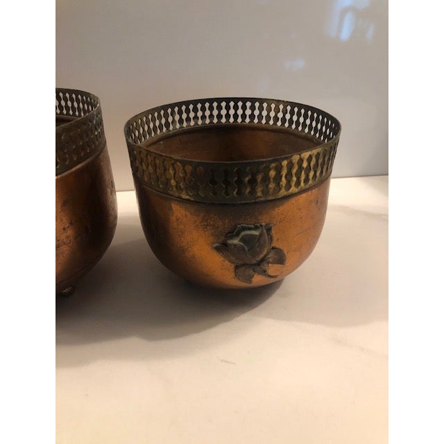 1940s 1940s Copper Brass Reticulated Footed Planters With Rose - A Pair For Sale - Image 5 of 18