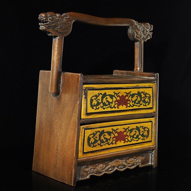 Yellow 1980s Rosewood Polychrome Painted Portable Chest With Drawers & Dragon Crest | Chinoiserie Vanity Box For Sale - Image 8 of 9