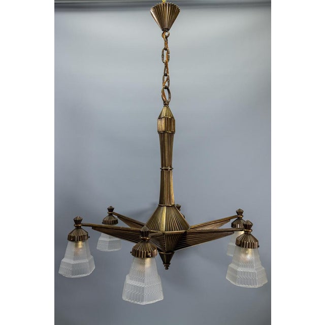 Art Deco French Bronze and Frosted White Glass Six-Light Chandelier, 1920 For Sale - Image 15 of 18