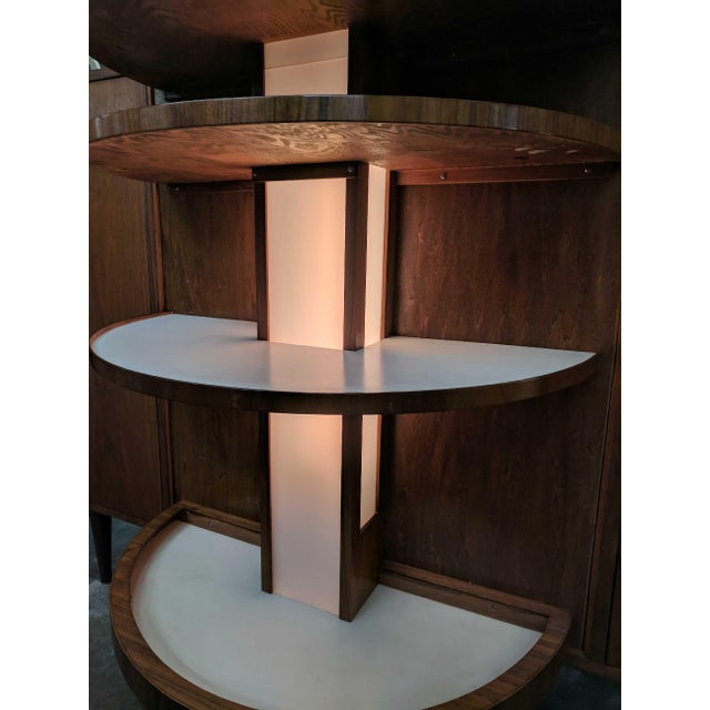 Mid Century Light Up Walnut Refinished Hidden Revolving Bar