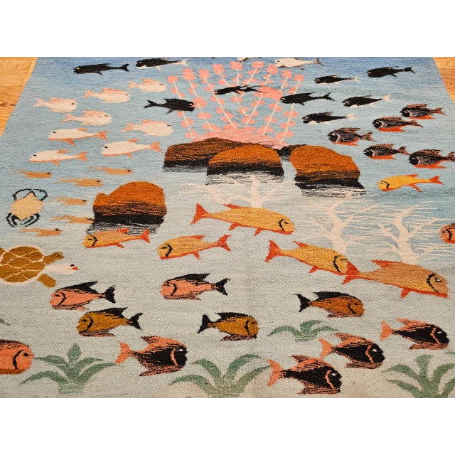 Baby Blue Vintage Hand-Woven Kilim Area Rug, Pictorial Ocean Scene Wall Art, 41” x 55” For Sale - Image 8 of 15