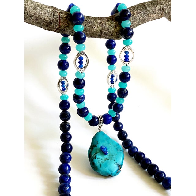 Artisan One-of-a-Kind Gemstone Necklace With Vintage Arizona Turquoise, Lapis Lazuli & Blue Chalcedony For Sale - Image 11 of 18