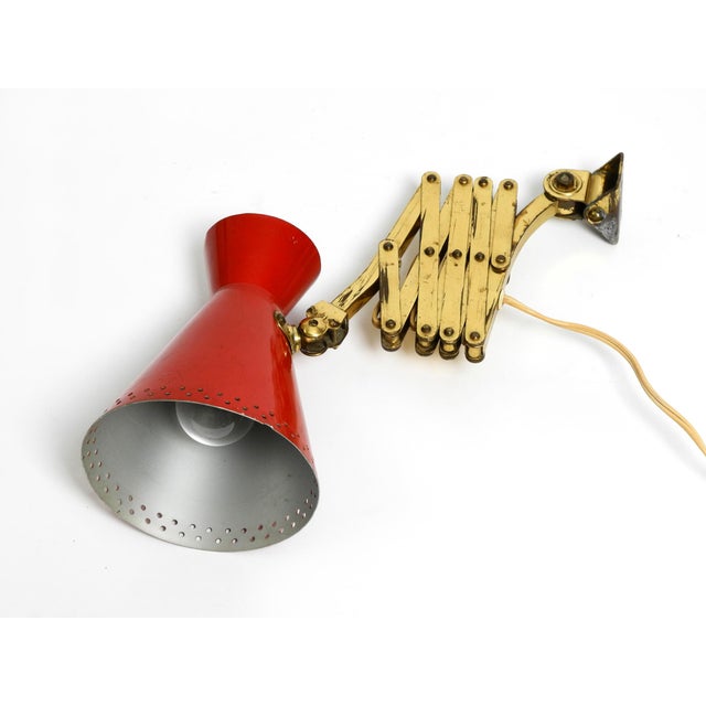 Mid-Century Brass Extendable Scissor Wall Lamp with Aluminum Diabolo Shade in Red and Brass, 1950s For Sale - Image 6 of 18