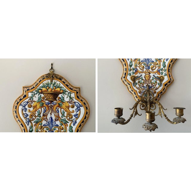 Early 20th Century Early 20th Century Gien Faience Pottery Wall Sconce Pair: Majolica Floral, Dolphin Motif - a Pair For Sale - Image 5 of 10