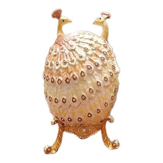 Pierre Lorren Handmade Faberge Egg Style Trinket Peacock Couple Fabergé Egg Style Austrian Crystal Diamond Pure Gold Deco Hand Painted For Sale