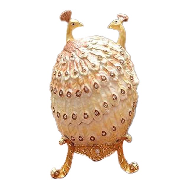 Pierre Lorren Handmade Faberge Egg Style Trinket Peacock Couple Fabergé Egg Style Austrian Crystal Diamond Pure Gold Deco Hand Painted For Sale