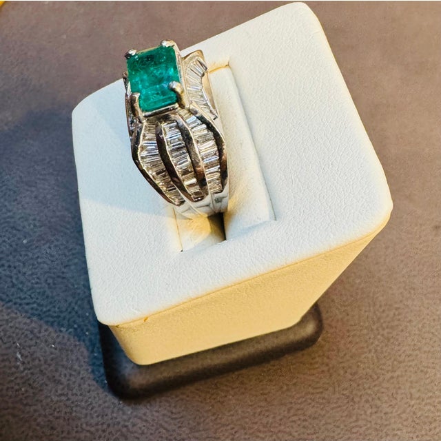 1.3 Ct Colombian Emerald Cut Emerald & 1 Ct Diamond 14 Kt White Gold Ring Size 7 Estate piece Natural Colombian Emerald...