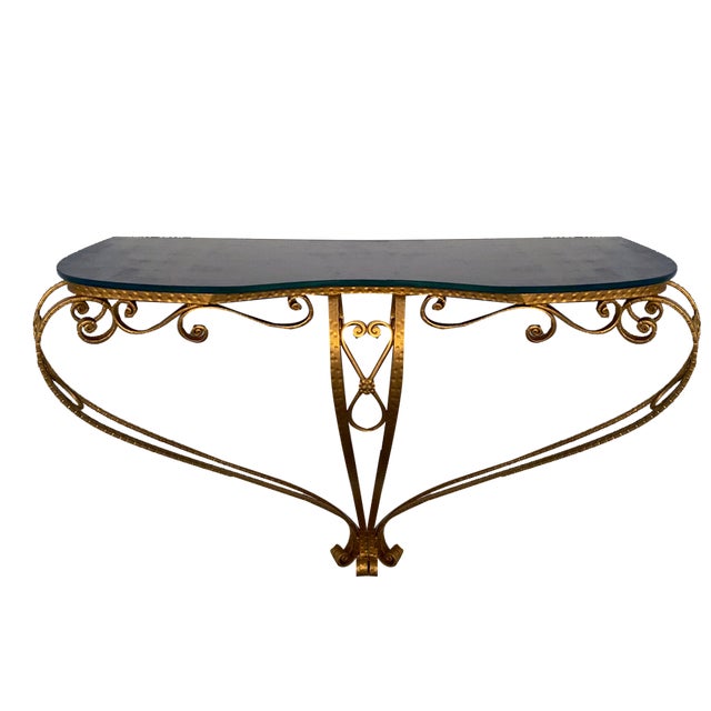 Mid-Century Italian Blue Glass Gold Iron Console Table by Pier Luigi Colli, 1950 For Sale