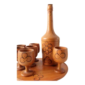 Vintage Folk Art Wooden Decanter and Cup Set