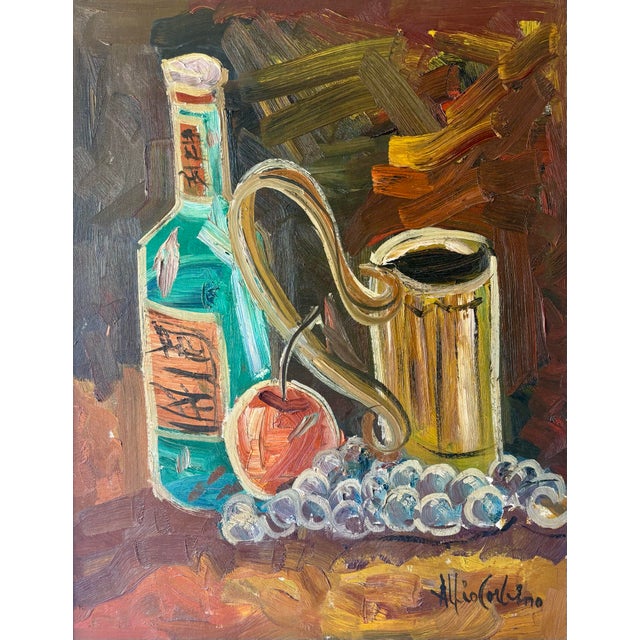 Striking 1960s American modernist still life oil painting featuring a bottle, vessel, fruit and grapes rendered in...