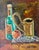 Striking 1960s American modernist still life oil painting featuring a bottle, vessel, fruit and grapes rendered in...