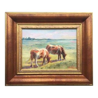 Framed Original Painting Landscape With Cows by Artist Valeriya Serova For Sale