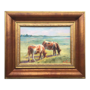 Framed Original Painting Landscape With Cows by Artist Valeriya Serova