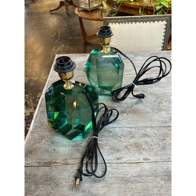 Metal Pair of Modern Polish Green Murano Glass Cube Lamps For Sale - Image 7 of 7