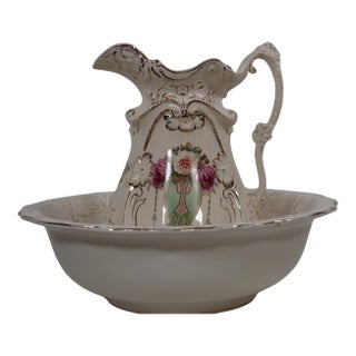 Hand Painted Porcelain Water Pitcher and Wash Basin, Circa Late 19th Century For Sale