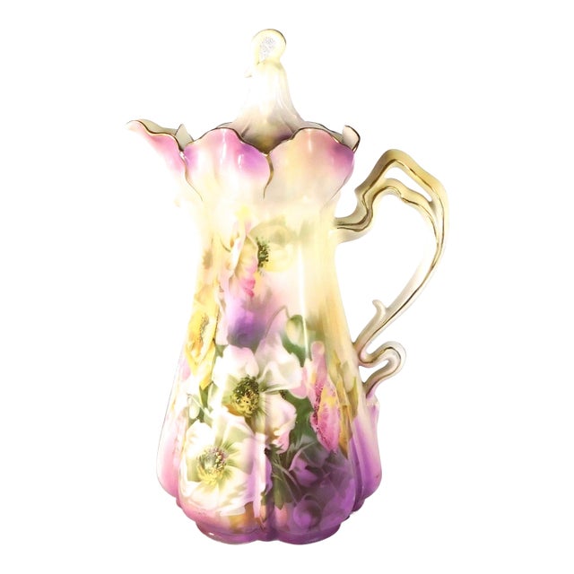 Late 18th Century Pink and Purple Reinhold Schlegelmilch Chocolate Pot With Flower Shaped Handle For Sale