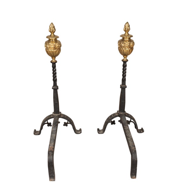 Pair of Renaissance Revival Brass and Wrought Iron Andirons For Sale In Boston - Image 6 of 11
