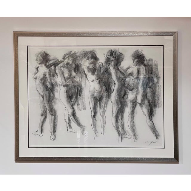 This charcoal drawing features a series of fluid, intertwined figures that explore the human form in dynamic poses. The...
