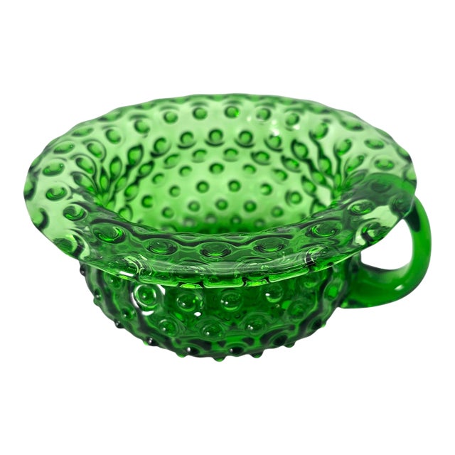 Vintage Green Hobnail Handled Chamber Pot Glass Bowl, 7.5" For Sale