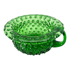 Vintage Green Hobnail Handled Chamber Pot Glass Bowl, 7.5"