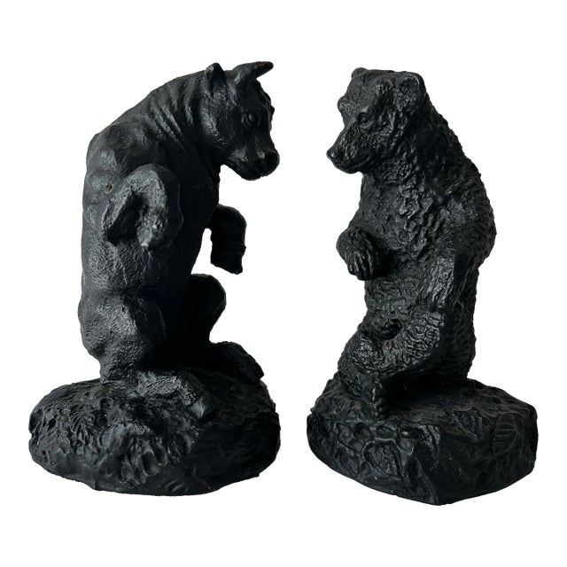 Vintage Plaster Bull and Bear Stock Market Bookends For Sale