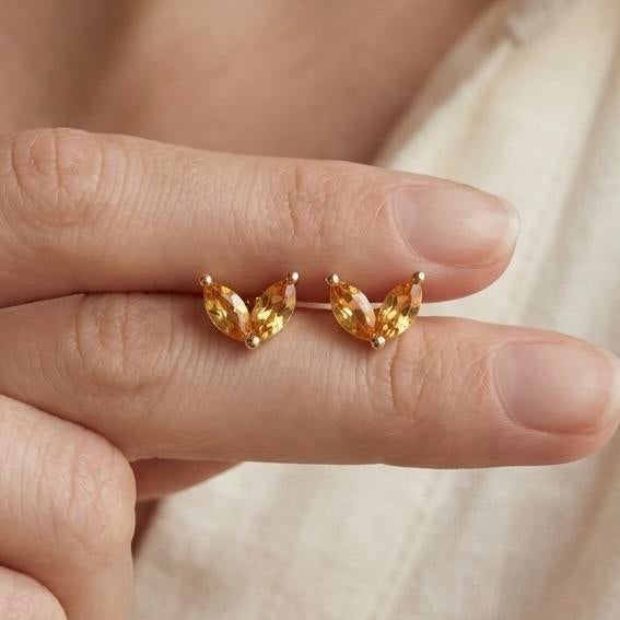 Contemporary Natural Citrine Leaf Earrings | v-Shape Gemstone Studs | Minimalist November Birthstone Gift - A Pair For Sale - Image 3 of 4