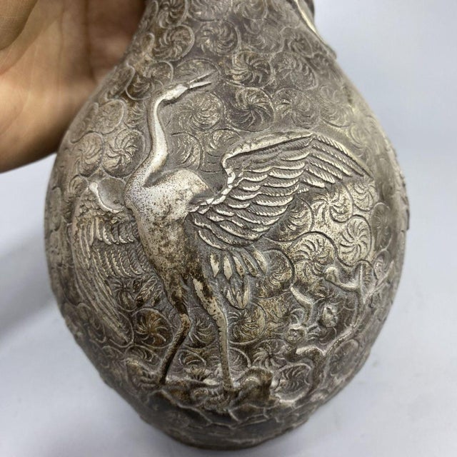 Early 20th Century Vintage Silver-Tone Bronze Vase With Crane and Pine Relief - Asian Decorative Object For Sale - Image 5 of 8