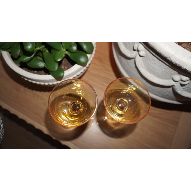 A Pair Amber Glass Stemmed Coupe Glasses. For Sale - Image 4 of 5