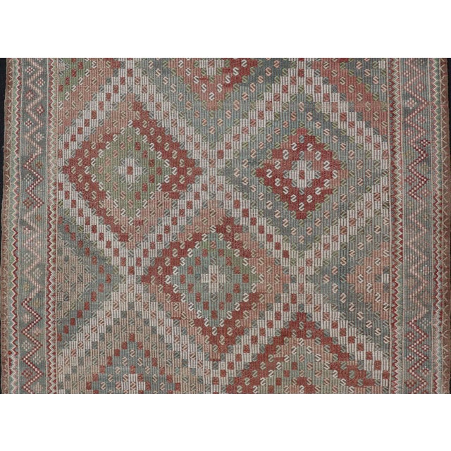 Tan Colorful Vintage Turkish Embroidered Flat-Weave in Diamond Design 7'0 X 10'5 For Sale - Image 8 of 15