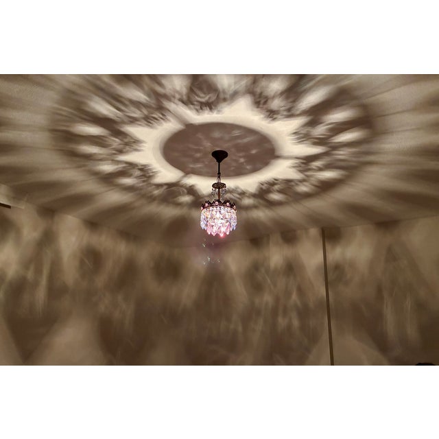 Vintage Brass Crown Chandelier With Hand-Painted Pink and Ice Blue Crystal Prisms For Sale - Image 10 of 17